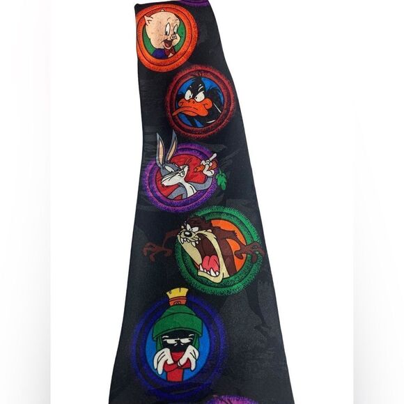 Looney Tunes Mania 1993 Black Character Neck Tie Martian Elmer Fudd Tasmanian - Picture 4 of 8